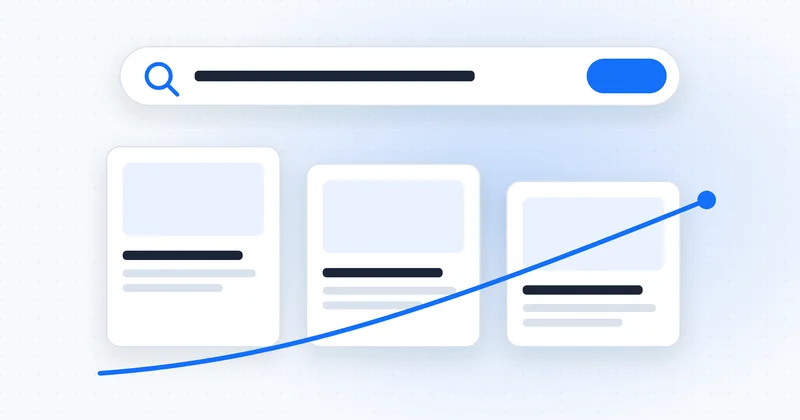 Illustration of SEO prices in South Africa: a search bar above article cards and a rising line of results