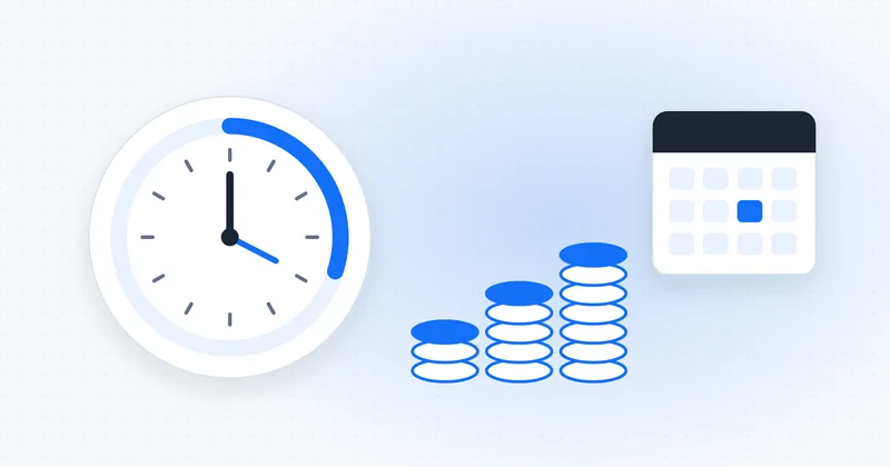 Illustration of website maintenance cost: a clock face measuring hours next to growing stacks of rand coins and a calendar
