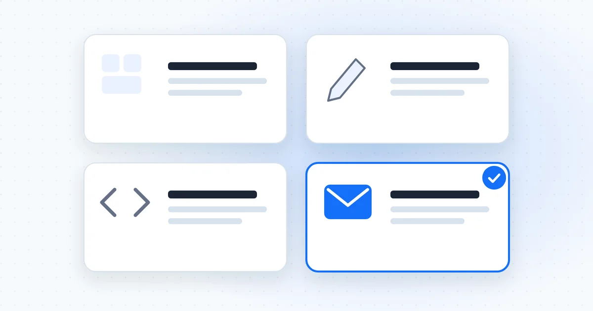 Illustration of WordPress alternatives: four option cards with the email-based option highlighted